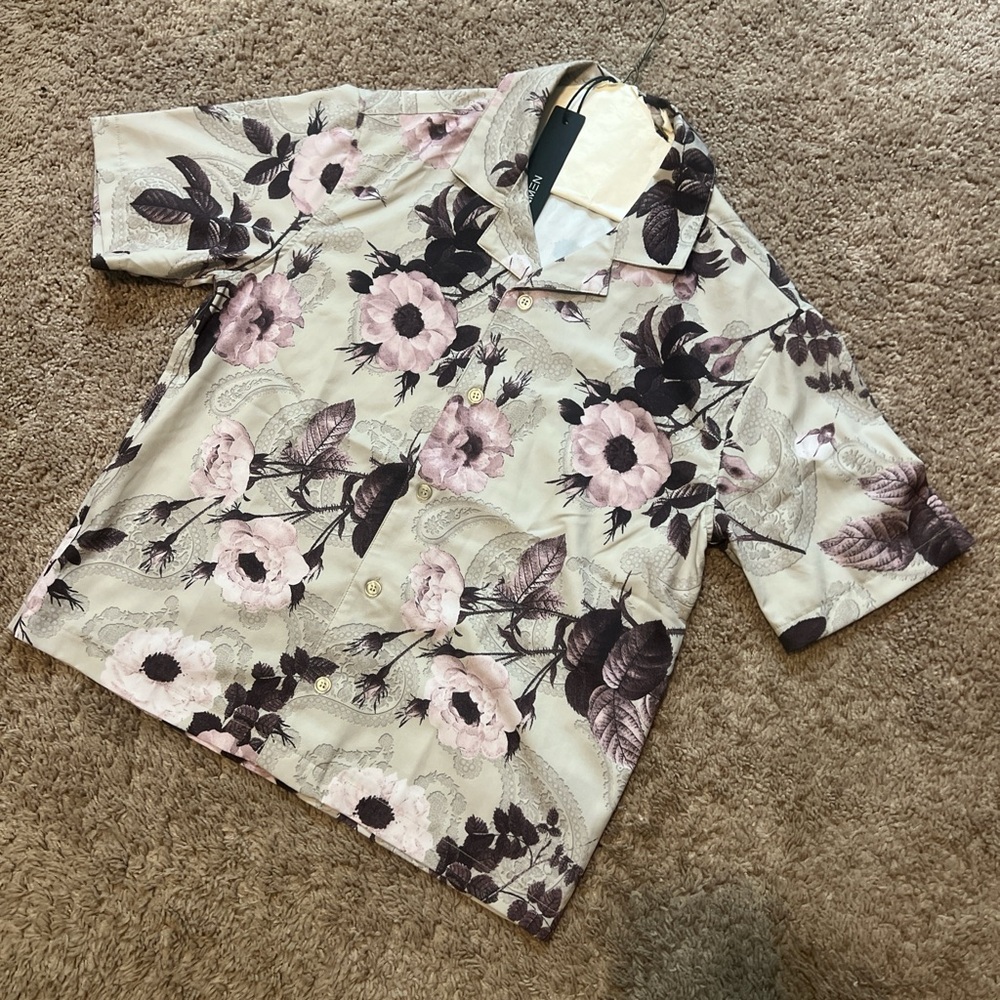 Fashion Nova Floral Casual Button Down Shirt - Pink and Brown
